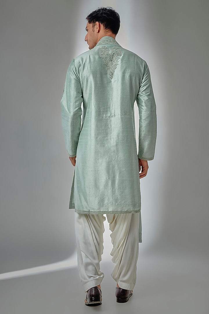 Green Raw Silk Mirror Embroidered Kurta Set by SALIL BHATIA at Pernia's Pop Up Shop