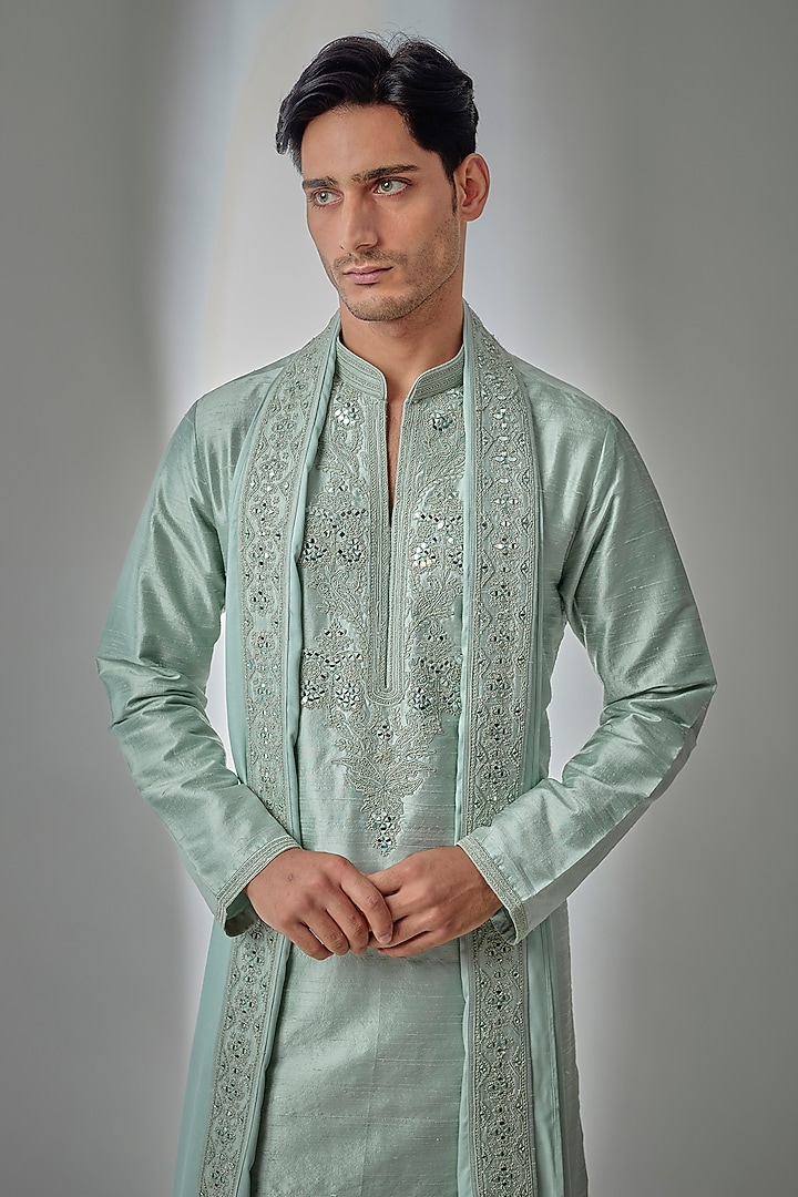 Green Raw Silk Mirror Embroidered Kurta Set by SALIL BHATIA at Pernia's Pop Up Shop