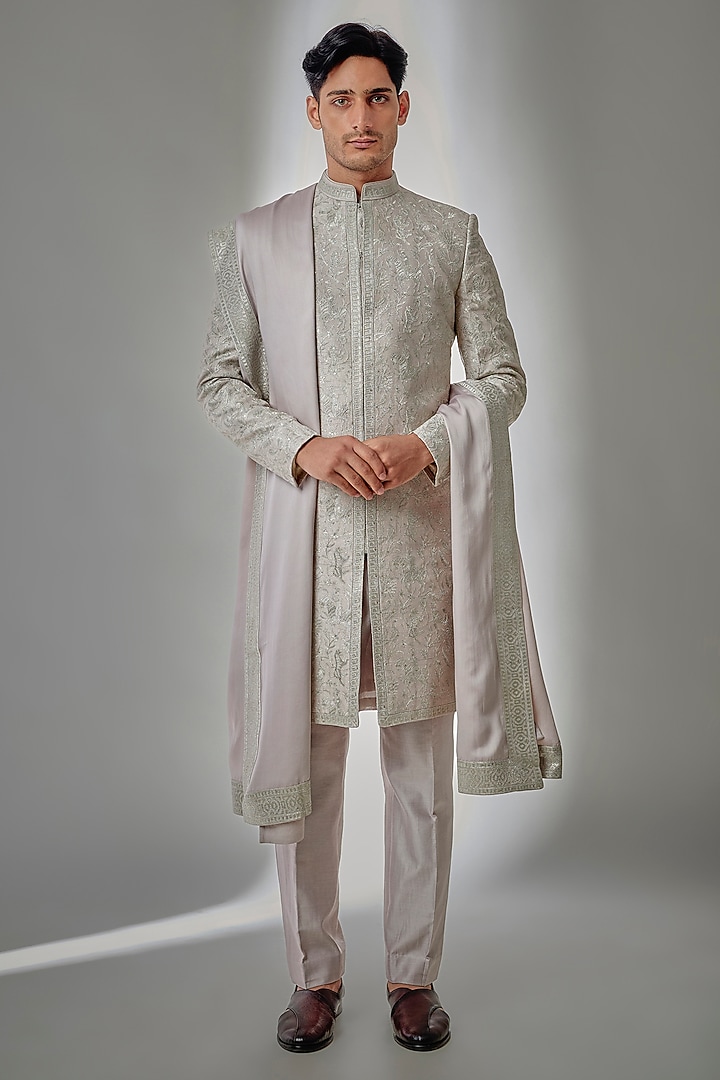 Champagne Pink Dola Silk Sequin Embellished Groom Sherwani Set by SALIL BHATIA at Pernia's Pop Up Shop