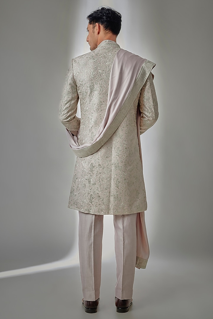 Champagne Pink Dola Silk Sequin Embellished Groom Sherwani Set by SALIL BHATIA at Pernia's Pop Up Shop