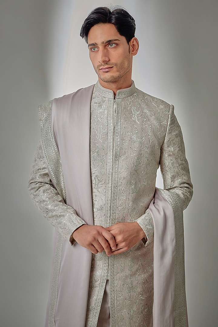 Champagne Pink Dola Silk Sequin Embellished Groom Sherwani Set by SALIL BHATIA at Pernia's Pop Up Shop