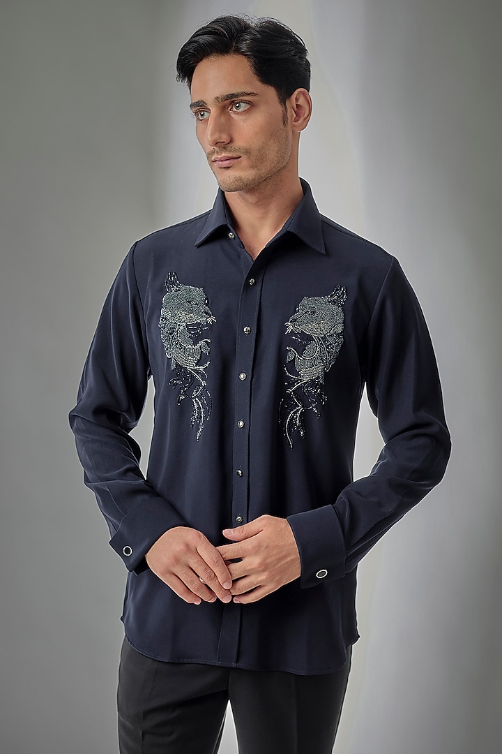 Navy Blue Japanese Fabric Hand Embroidered Wedding Shirt by SALIL BHATIA at Pernia's Pop Up Shop