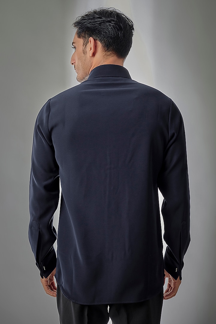 Navy Blue Japanese Fabric Hand Embroidered Wedding Shirt by SALIL BHATIA at Pernia's Pop Up Shop
