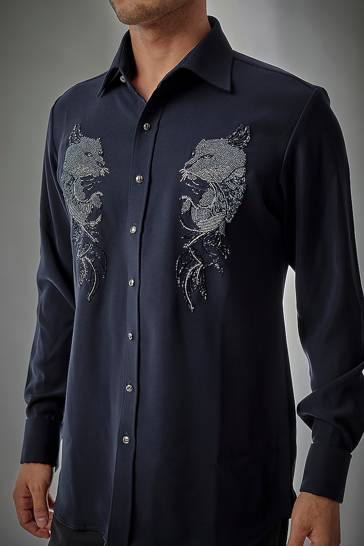 Navy Blue Japanese Fabric Hand Embroidered Wedding Shirt by SALIL BHATIA at Pernia's Pop Up Shop