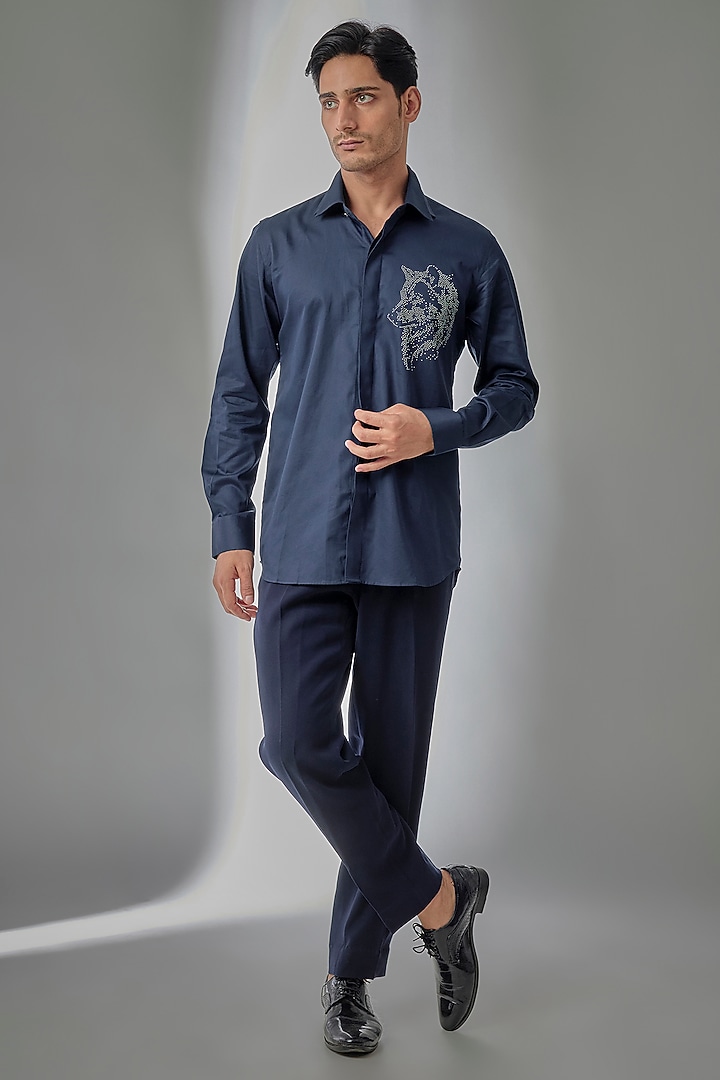 Navy Blue Giza Cotton Embellished Party Wear Shirt by SALIL BHATIA at Pernia's Pop Up Shop
