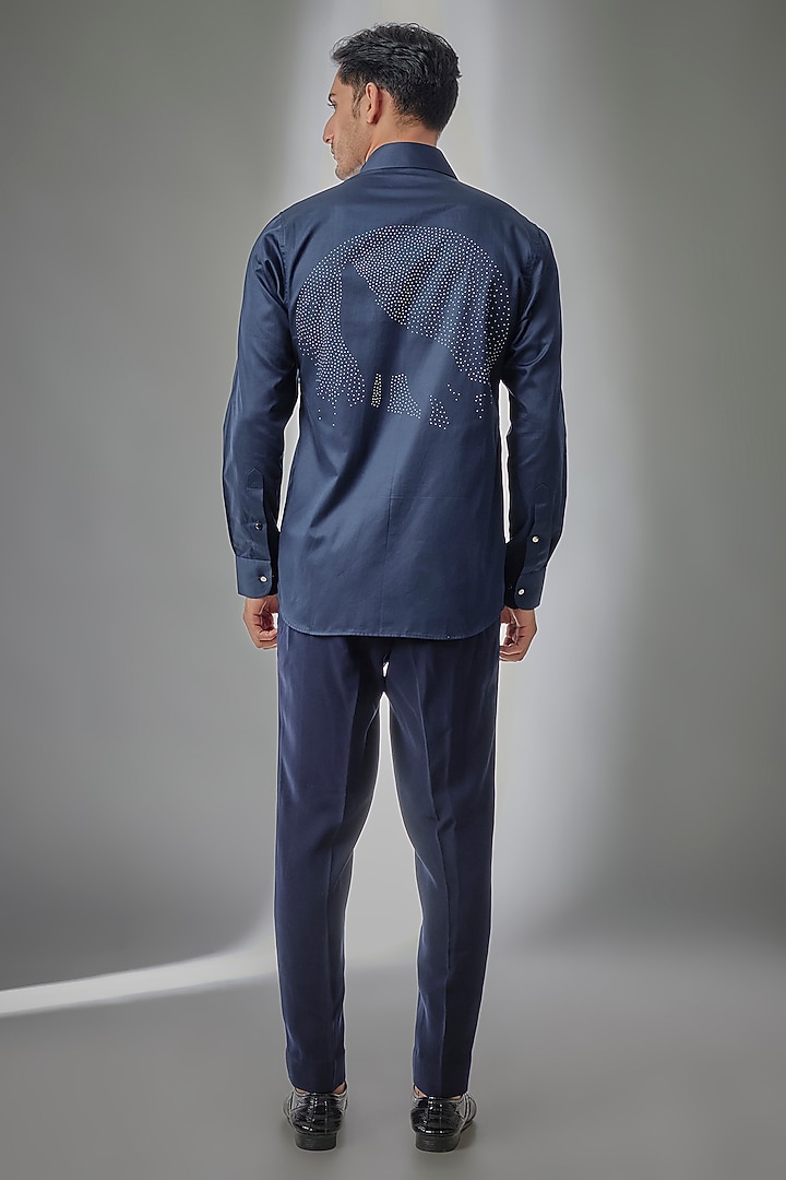 Navy Blue Giza Cotton Embellished Party Wear Shirt by SALIL BHATIA at Pernia's Pop Up Shop