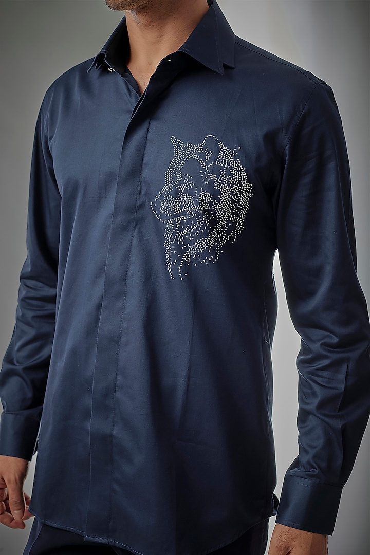 Navy Blue Giza Cotton Embellished Party Wear Shirt by SALIL BHATIA at Pernia's Pop Up Shop