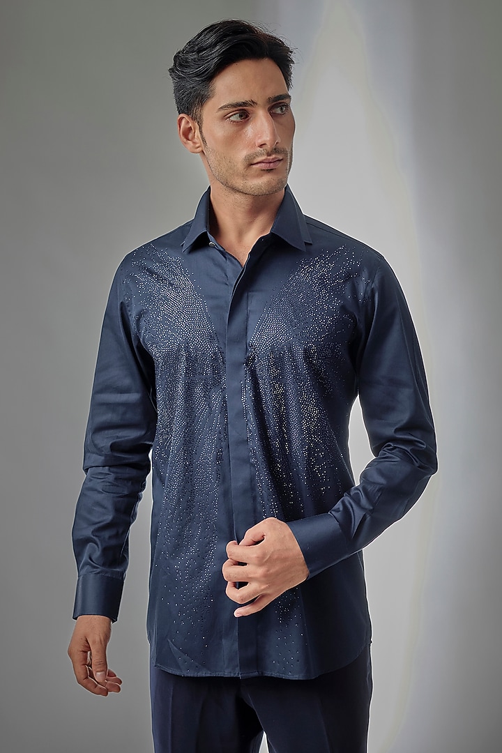 Navy Blue Giza Cotton Embellished Party Wear Shirt by SALIL BHATIA at Pernia's Pop Up Shop