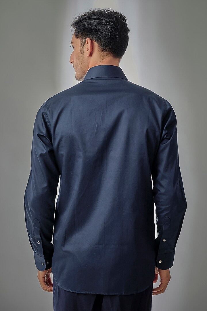 Navy Blue Giza Cotton Embellished Party Wear Shirt by SALIL BHATIA at Pernia's Pop Up Shop