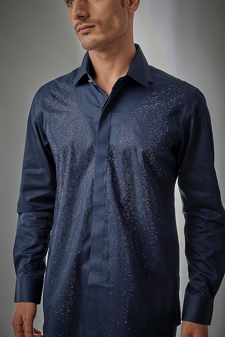 Navy Blue Giza Cotton Embellished Party Wear Shirt by SALIL BHATIA at Pernia's Pop Up Shop