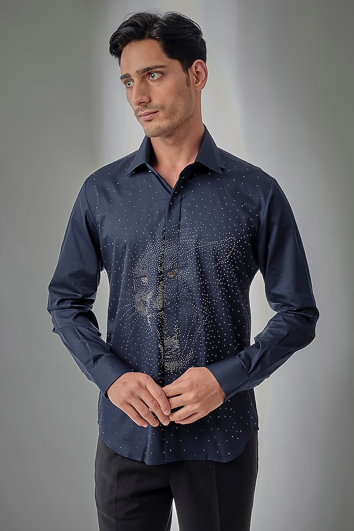 Navy Blue Giza Cotton Embellished Party Wear Shirt by SALIL BHATIA at Pernia's Pop Up Shop