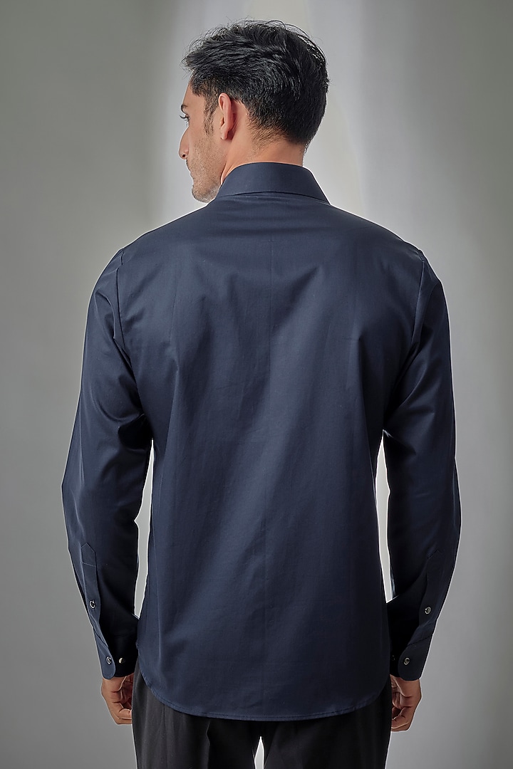Navy Blue Giza Cotton Embellished Party Wear Shirt by SALIL BHATIA at Pernia's Pop Up Shop