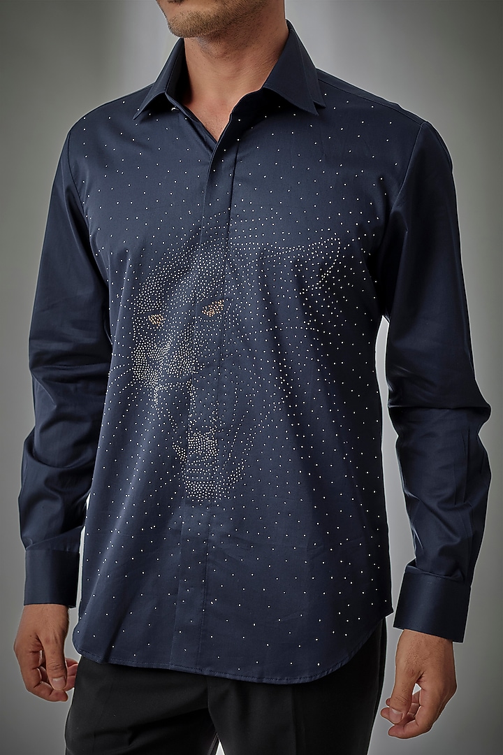 Navy Blue Giza Cotton Embellished Party Wear Shirt by SALIL BHATIA at Pernia's Pop Up Shop