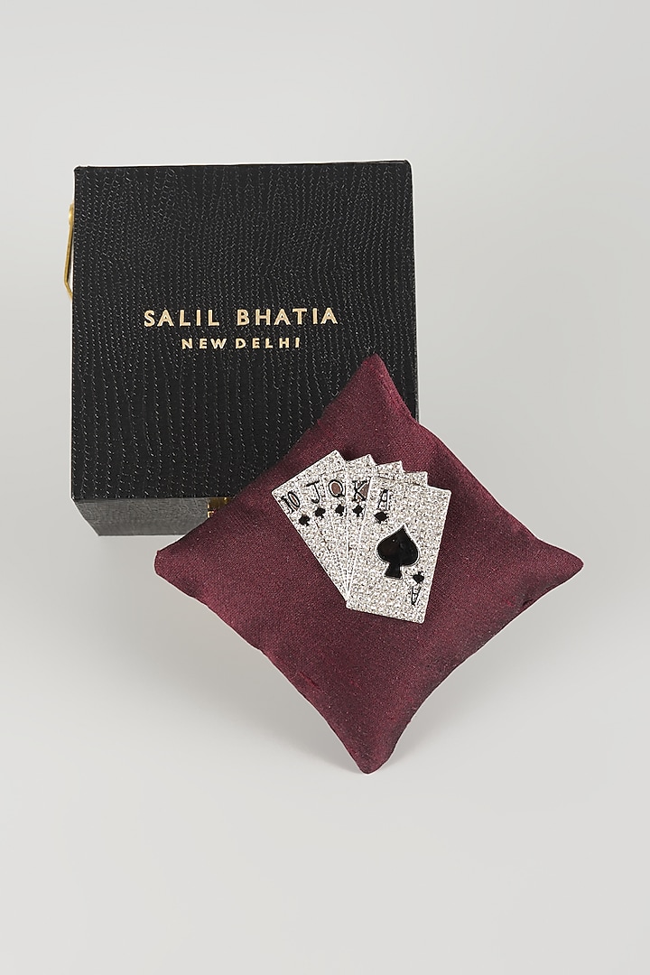 Silver Finish Playing Cards Embellished Brooch by SALIL BHATIA at Pernia's Pop Up Shop
