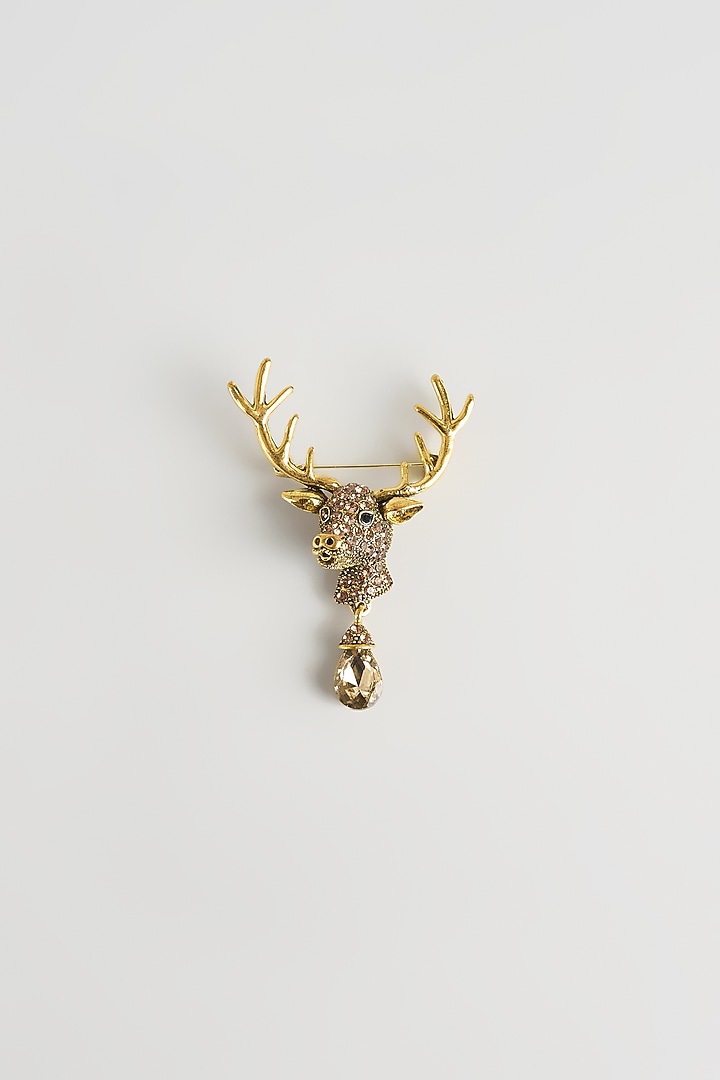 Gold Finish Reindeer Crest Embellished Brooch by SALIL BHATIA at Pernia's Pop Up Shop