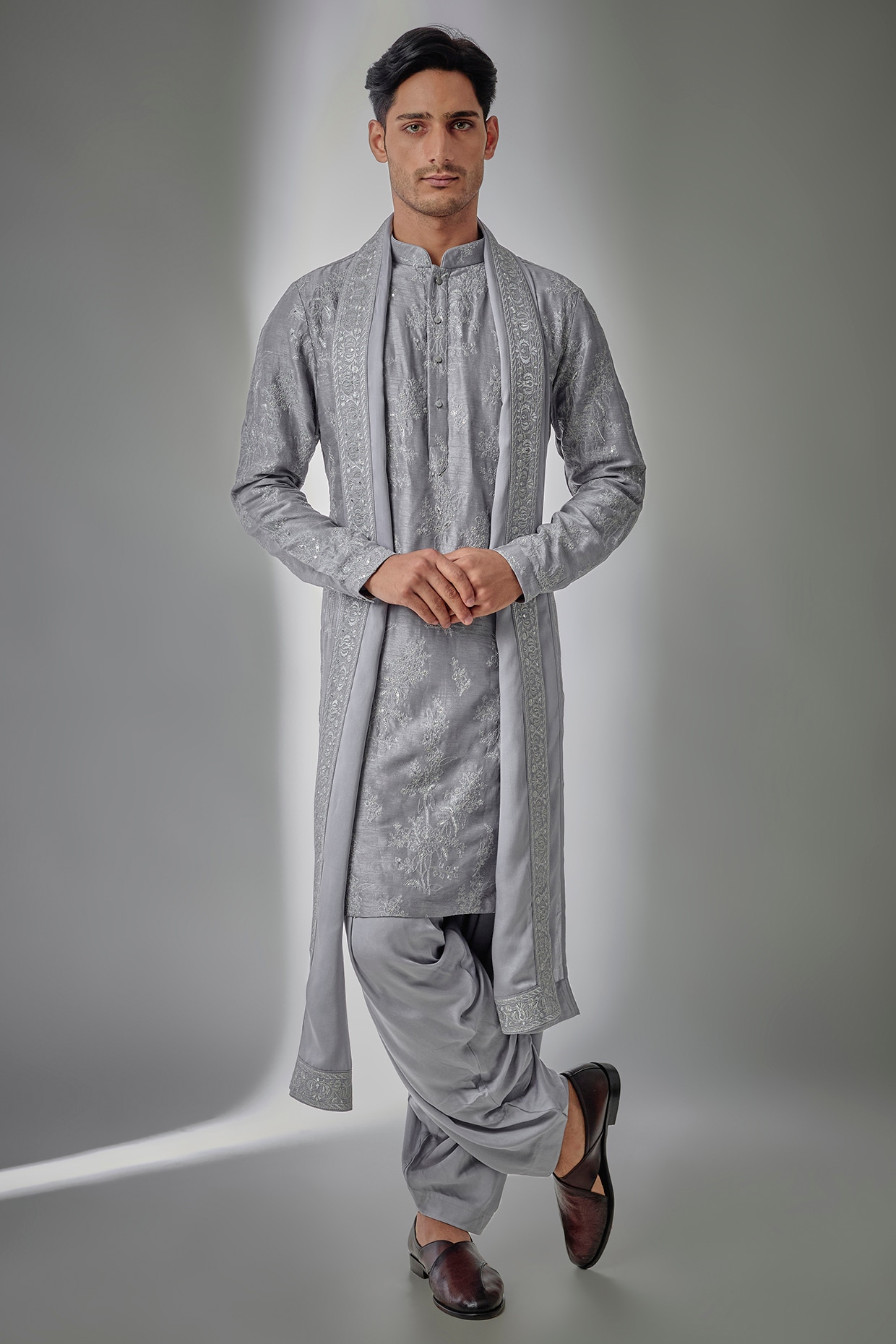 SALIL BHATIA Dusty Blue Dola Silk Sequin Embellished Kurta Set