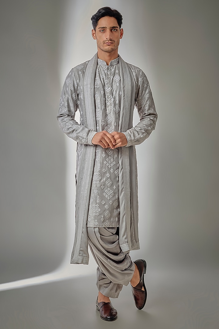 Storm Grey Dola Silk Sequin Embellished Kurta Set by SALIL BHATIA at Pernia's Pop Up Shop
