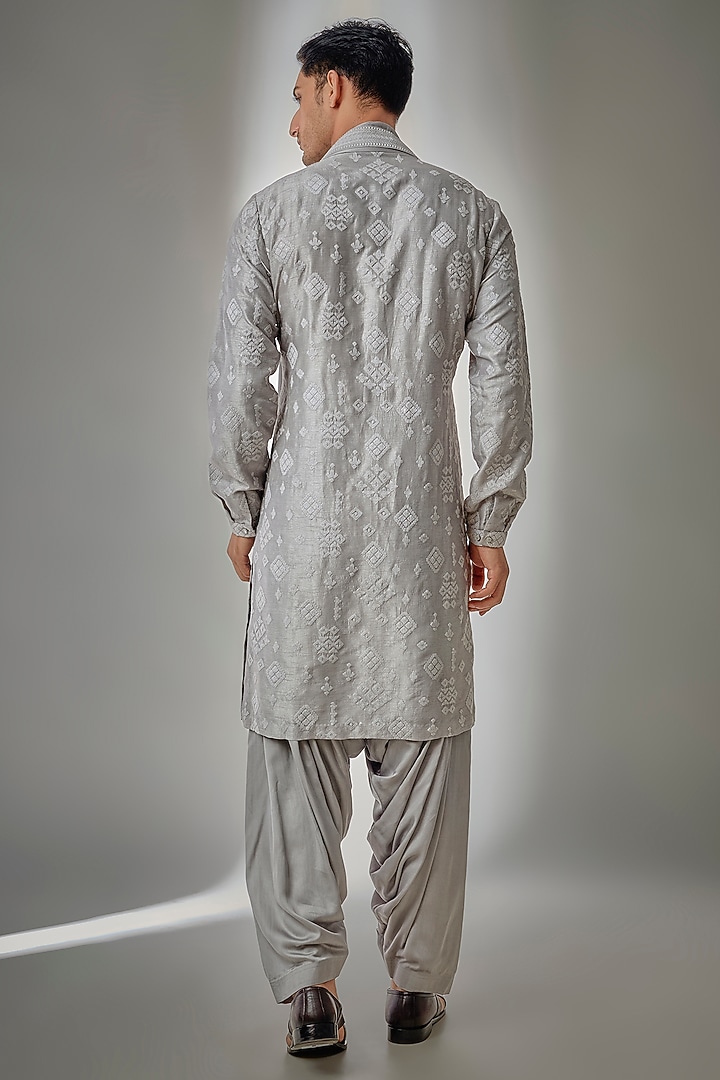 Storm Grey Dola Silk Sequin Embellished Kurta Set by SALIL BHATIA at Pernia's Pop Up Shop