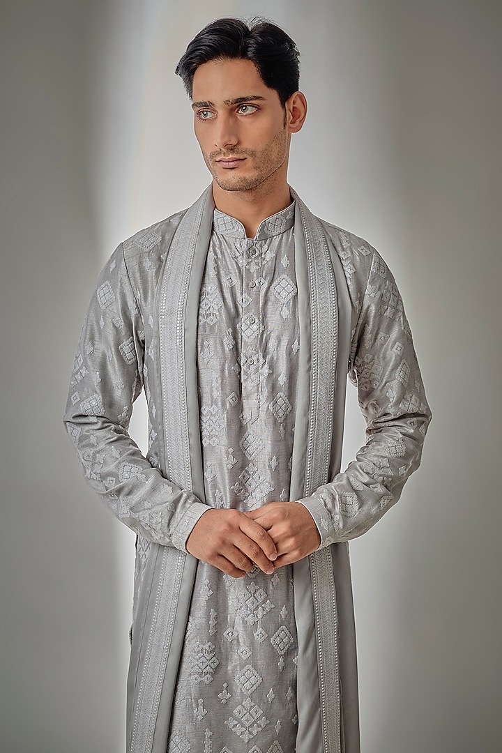 Storm Grey Dola Silk Sequin Embellished Kurta Set by SALIL BHATIA at Pernia's Pop Up Shop