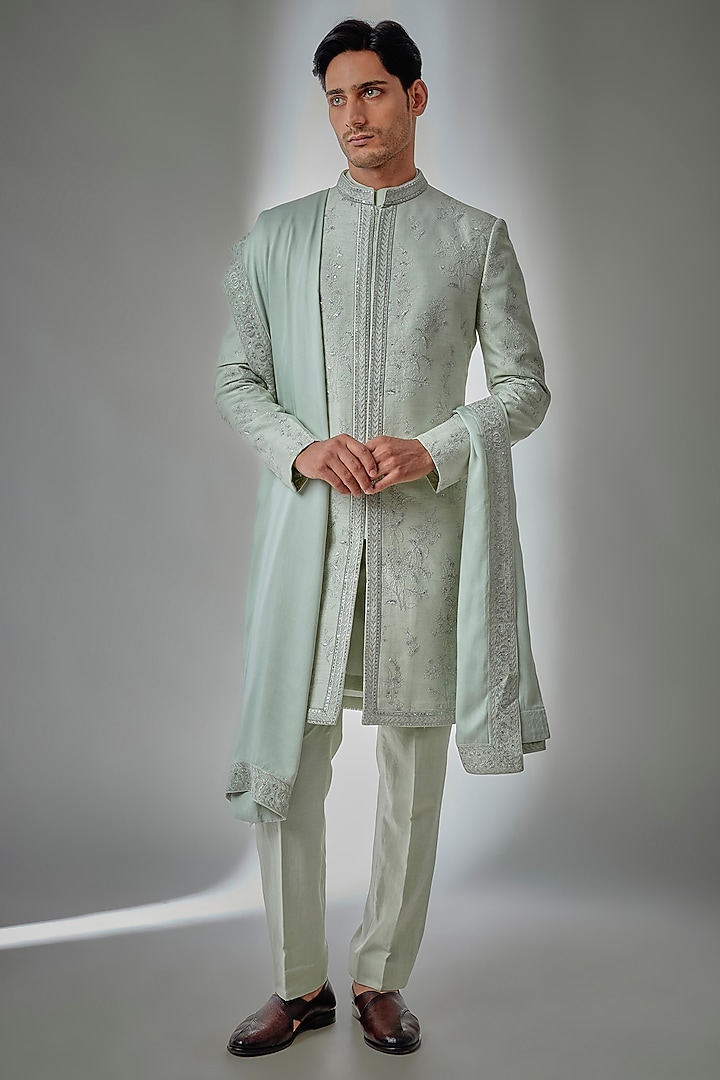 Pista Green Dola Silk Sequin Embellished Groom Sherwani Set by SALIL BHATIA at Pernia's Pop Up Shop