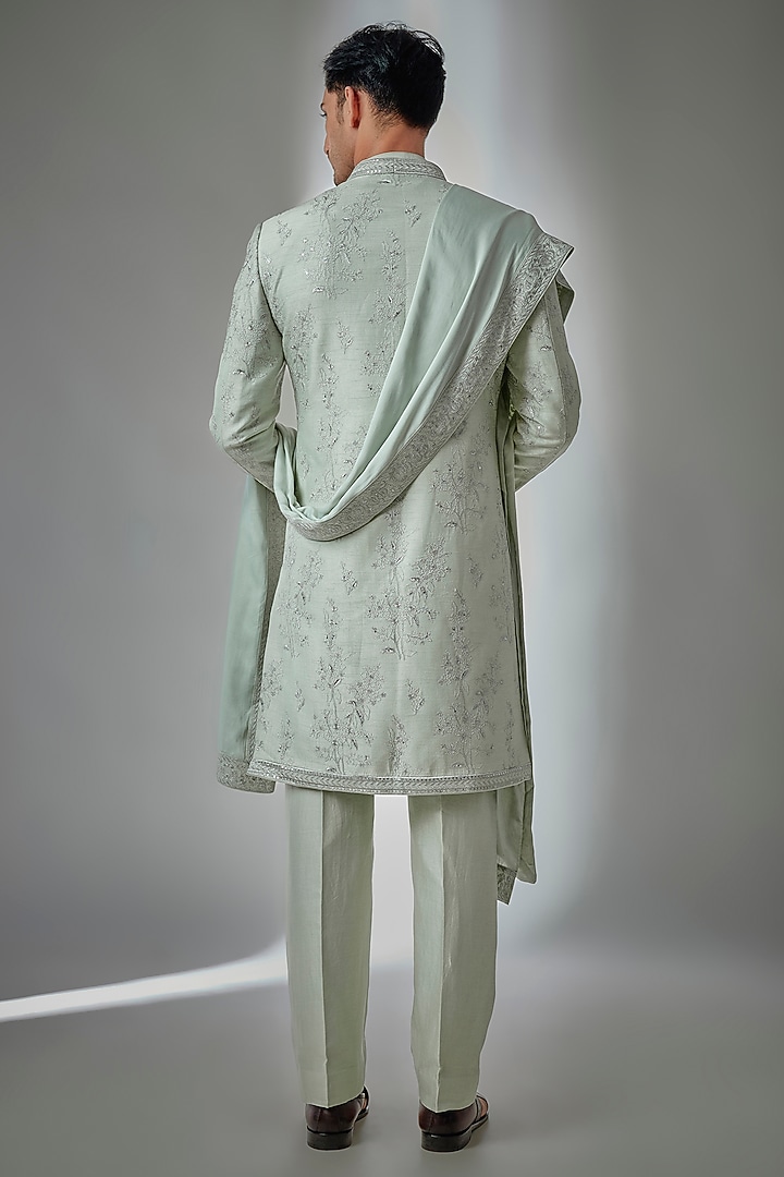 Pista Green Dola Silk Sequin Embellished Groom Sherwani Set by SALIL BHATIA at Pernia's Pop Up Shop