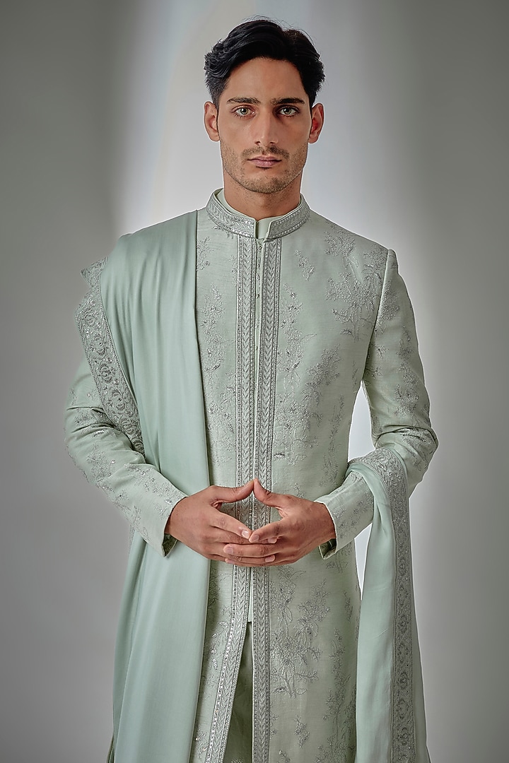 Pista Green Dola Silk Sequin Embellished Groom Sherwani Set by SALIL BHATIA at Pernia's Pop Up Shop