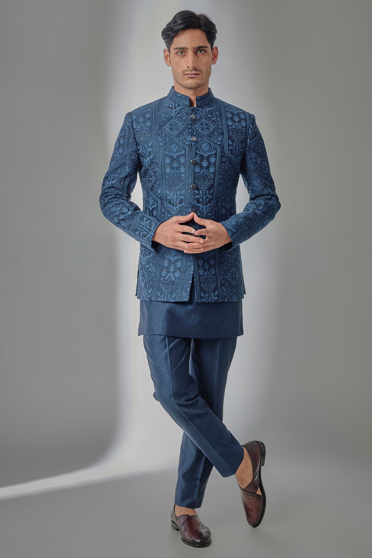 SALIL BHATIA Teal blue Silk Chanderi Sequin Embellished Bandhgala Set