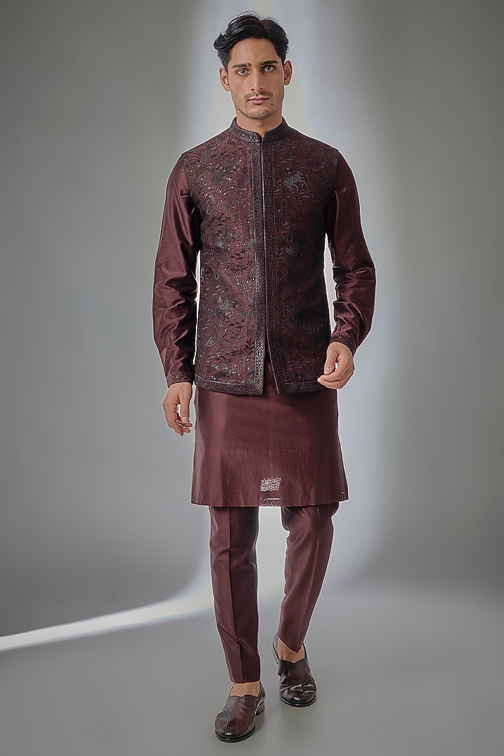 Wine Dola Silk Zari Embellished Nehru Jacket Set by SALIL BHATIA at Pernia's Pop Up Shop