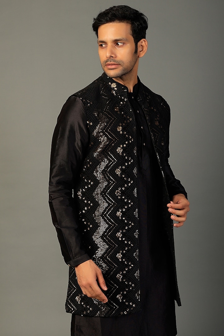 Black Georgette Embellished Wedding Indowestern Set by SALIL BHATIA at Pernia's Pop Up Shop