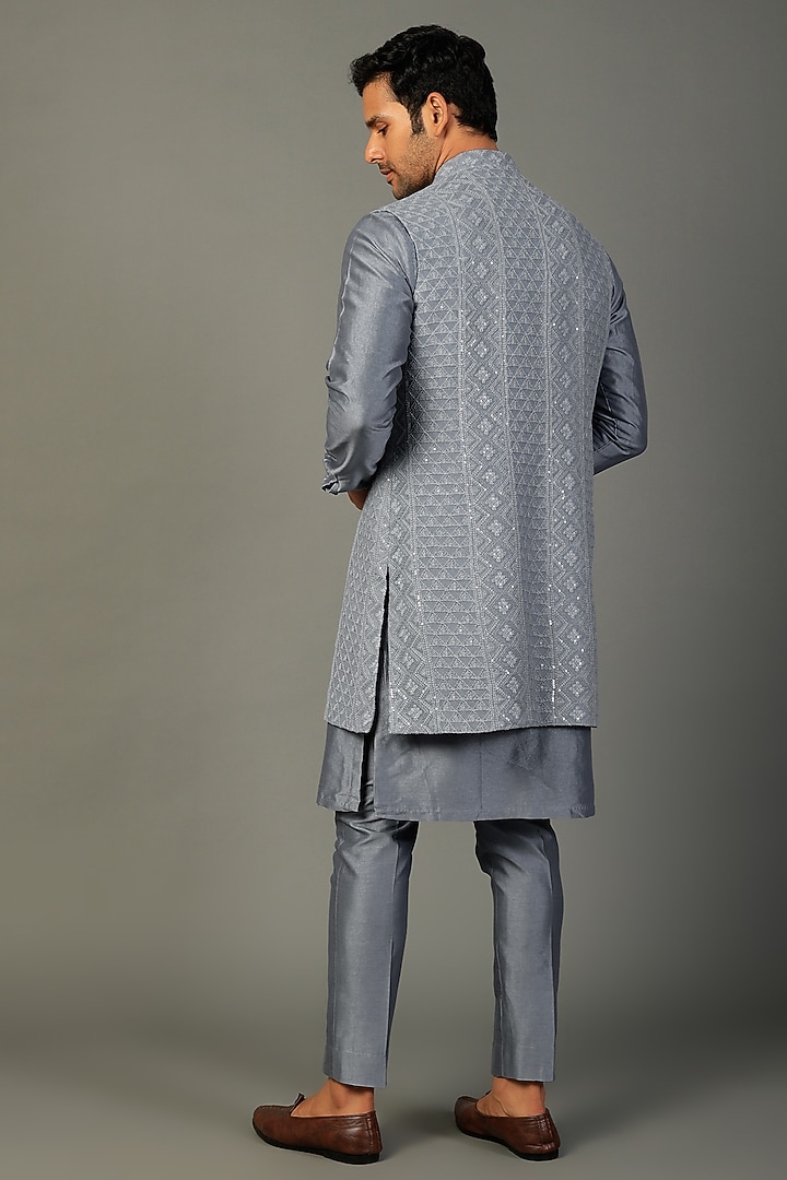 Dusty Blue Georgette Embellished Wedding Indowestern Set by SALIL BHATIA at Pernia's Pop Up Shop