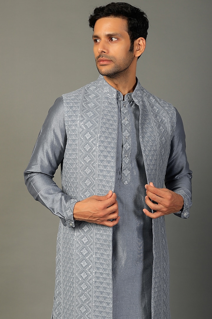 Dusty Blue Georgette Embellished Wedding Indowestern Set by SALIL BHATIA at Pernia's Pop Up Shop
