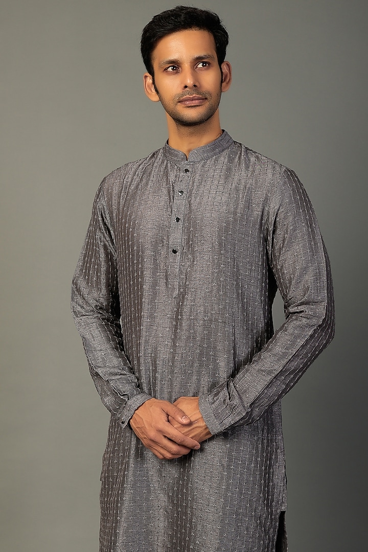 Charcoal Grey Silk Kurta Set by SALIL BHATIA at Pernia's Pop Up Shop