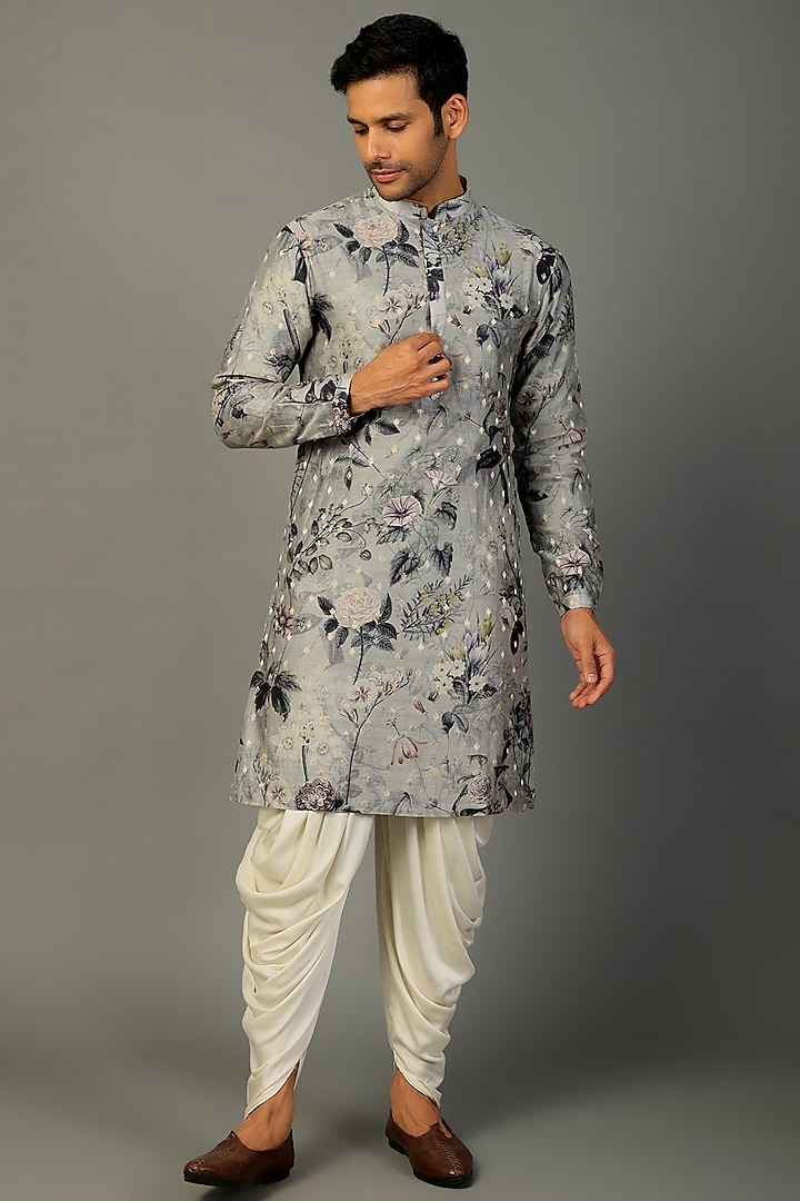 Ice Grey Silk Floral Printed Kurta Set by SALIL BHATIA