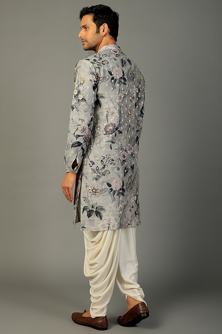 Ice Grey Silk Floral Printed Kurta Set by SALIL BHATIA at Pernia's Pop Up Shop