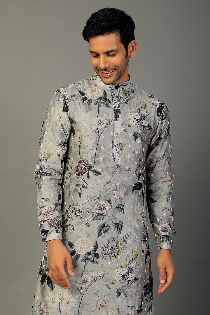 Ice Grey Silk Floral Printed Kurta Set by SALIL BHATIA at Pernia's Pop Up Shop