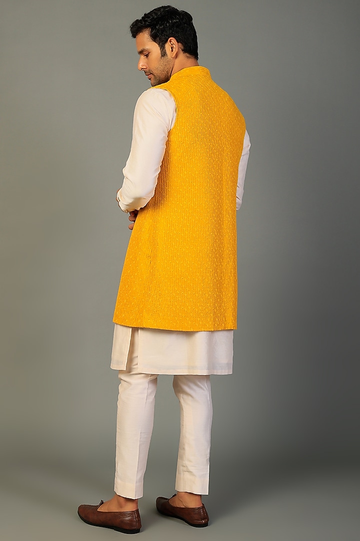 Yellow Dola Silk Threadwork Wedding Indowestern Set by SALIL BHATIA at Pernia's Pop Up Shop
