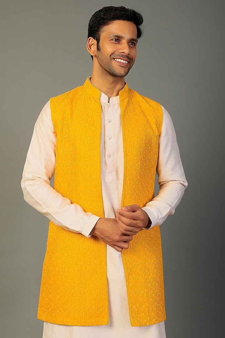 Yellow Dola Silk Threadwork Wedding Indowestern Set by SALIL BHATIA at Pernia's Pop Up Shop