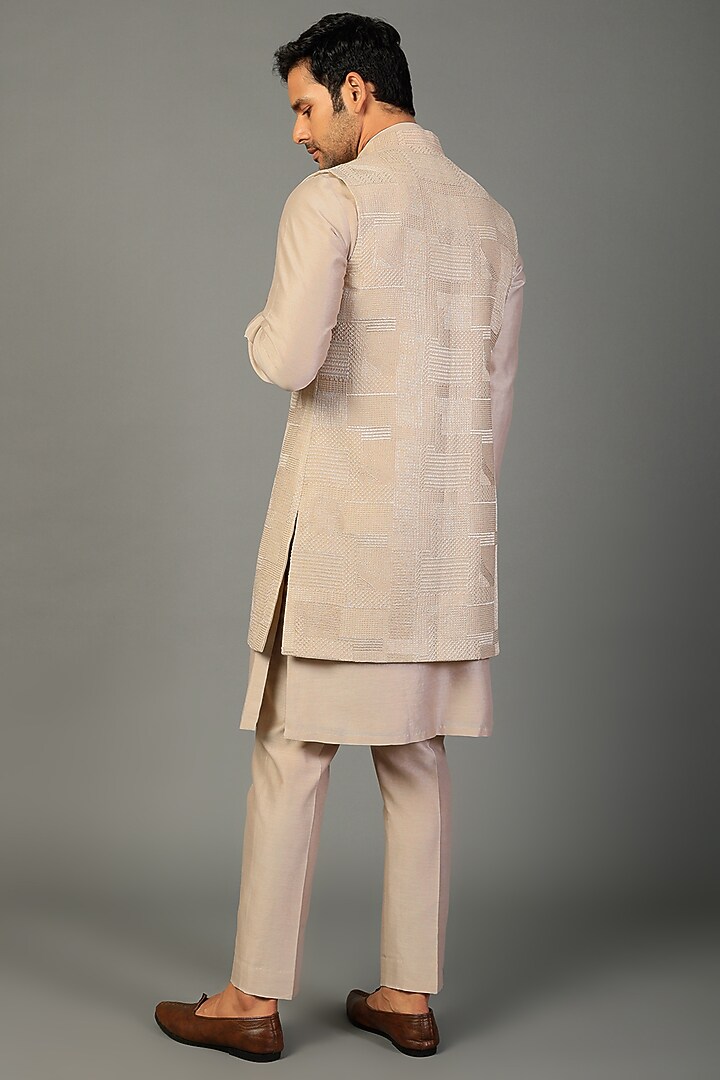 Ivory Beige Silk Chanderi Threadwork Wedding Indowestern Set by SALIL BHATIA at Pernia's Pop Up Shop