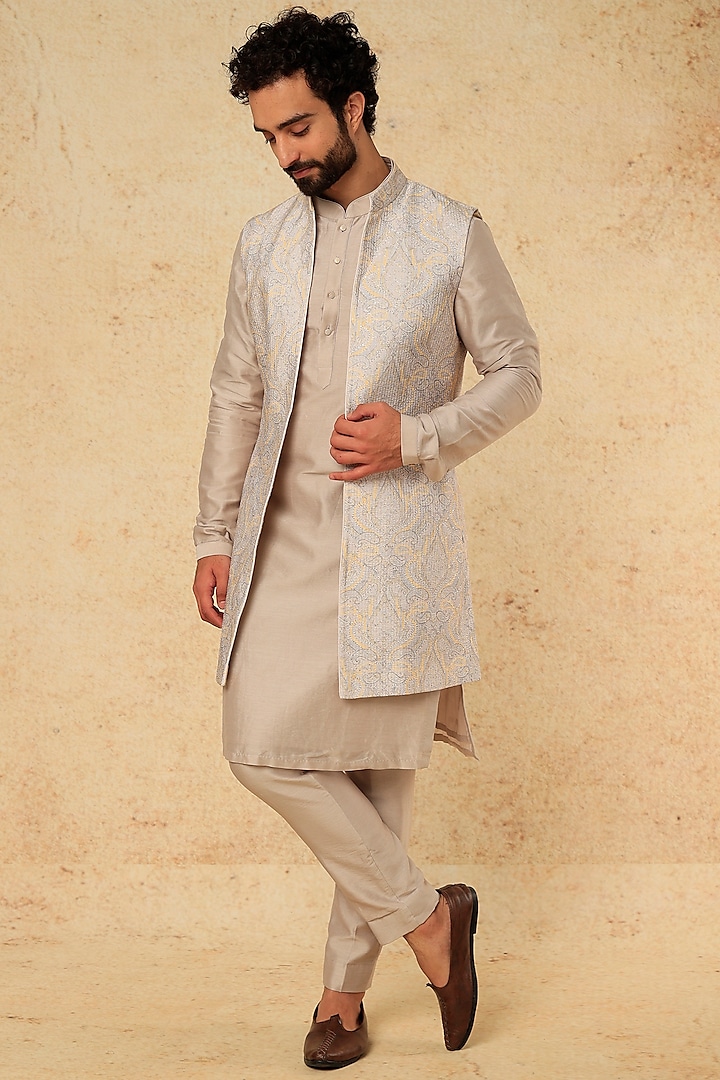 Grey Silk Jacket With Kurta Set by SALIL BHATIA