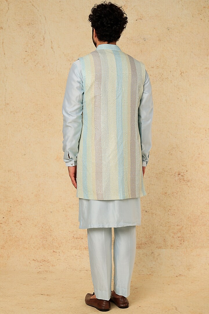 Blue Dola Silk Sequin Work Striped Wedding Indowestern Set by SALIL BHATIA at Pernia's Pop Up Shop