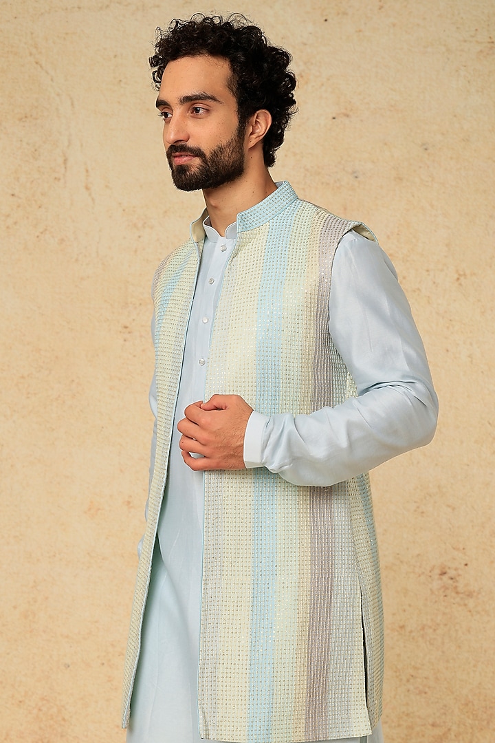 Blue Dola Silk Sequin Work Striped Wedding Indowestern Set by SALIL BHATIA at Pernia's Pop Up Shop