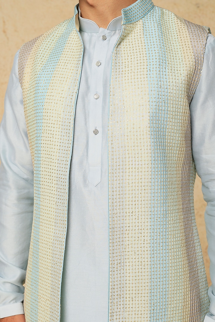 Blue Dola Silk Sequin Work Striped Wedding Indowestern Set by SALIL BHATIA at Pernia's Pop Up Shop