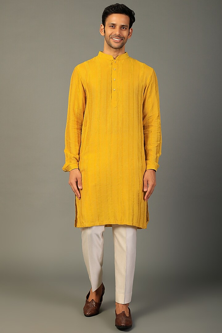 Yellow Dola Silk Kurta Set by SALIL BHATIA at Pernia's Pop Up Shop