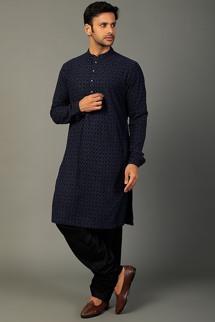 Navy Blue Georgette Kurta Set by SALIL BHATIA