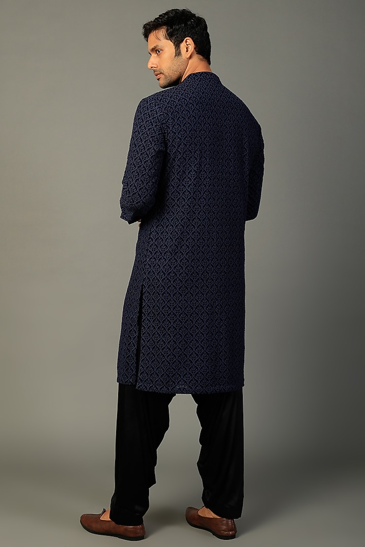 Navy Blue Georgette Kurta Set by SALIL BHATIA at Pernia's Pop Up Shop