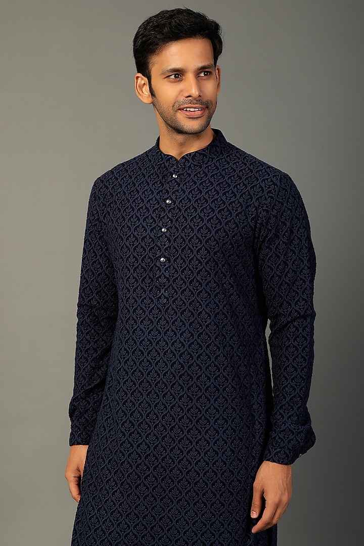 Navy Blue Georgette Kurta Set by SALIL BHATIA at Pernia's Pop Up Shop
