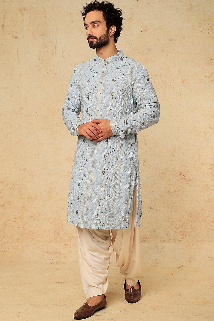 Ice Blue Embellished Kurta Set by SALIL BHATIA