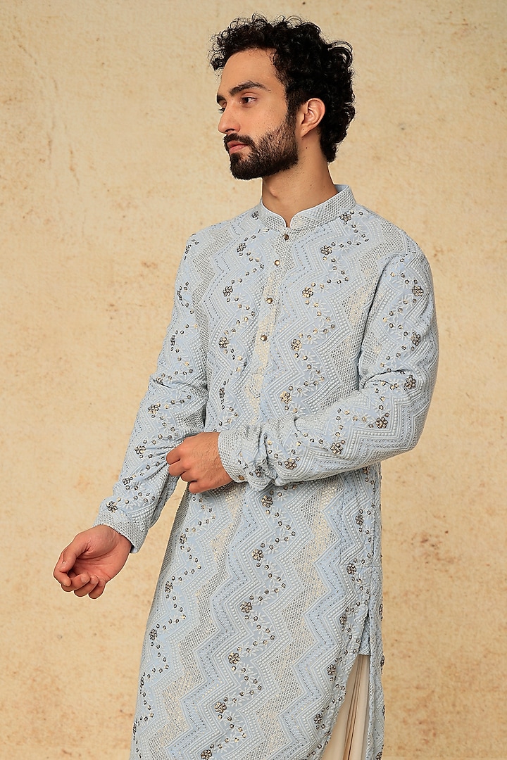 Ice Blue Georgette Sequins Embellished Kurta Set by SALIL BHATIA at Pernia's Pop Up Shop