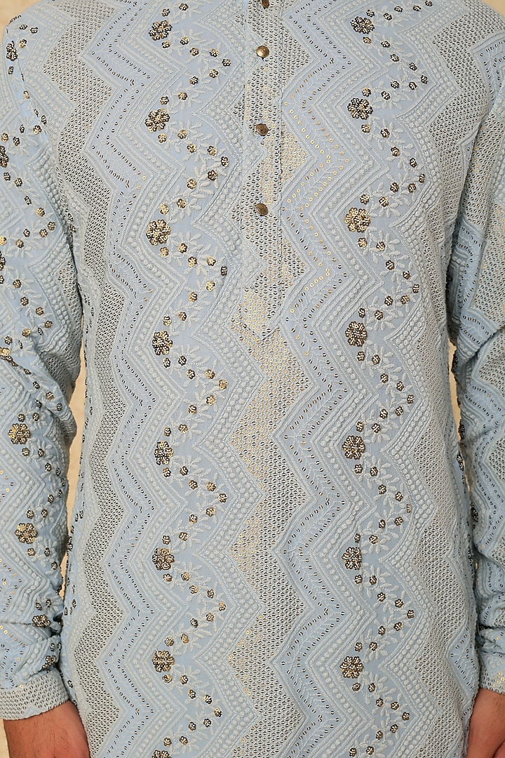 Ice Blue Georgette Sequins Embellished Kurta Set by SALIL BHATIA at Pernia's Pop Up Shop