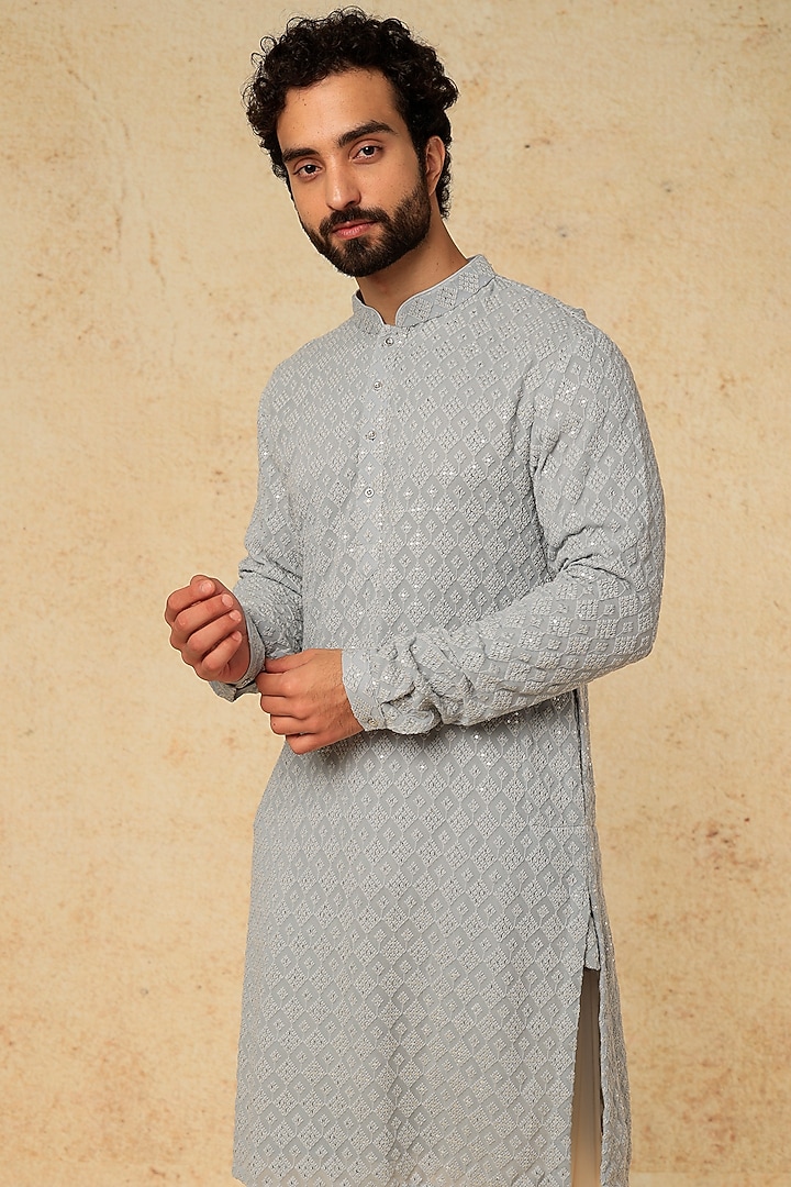 Grey Georgette Motifs Embellished Kurta Set by SALIL BHATIA at Pernia's Pop Up Shop